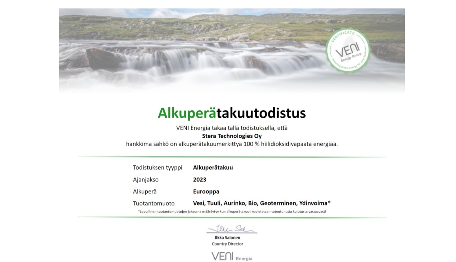 Stera Technologies Oy käyttää vain 100% hiilidioksidivapaata sähköenergiaa