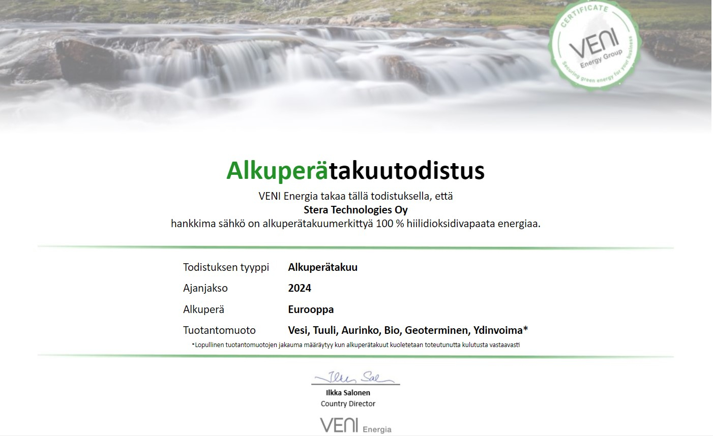 Stera Technologies Oy käyttää tänäkin vuonna vain 100% hiilidioksidivapaata sähköenergiaa
